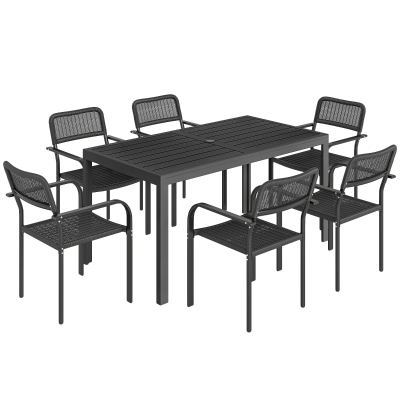Outsunny Set de Comedor Exterior para 6 Personas, Mesa y Sillas con Orificio para Parasol, Negro