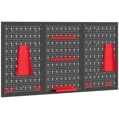 HOMCOM 3 Paneles de Herramientas de Pared 28 Piezas cada panel 60x40 cm con Ganchos y Estantes Negro y Rojo