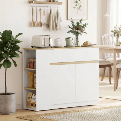 HOMCOM Aparador Armario de Cocina con 2 Puertas Cajón y 3 Estantes Abiertos para Salón Comedor 110x29,5x82 cm Blanco