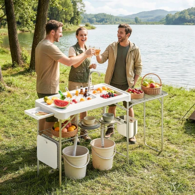 Outsunny Mesa de Limpieza de Pescado Plegable Portátil con 2 Fregaderos Grifo Manguera Estante Lateral Cesta y Ranuras Blanco