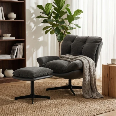 HOMCOM Swivel Lounge Chair with Footstool Dark Grey