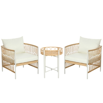 Outsunny Conjunto Jardín Exterior de 2 Sillas y Mesa de Ratán con Cojines Acolchados para Balcón Terraza Amarillo y Crema