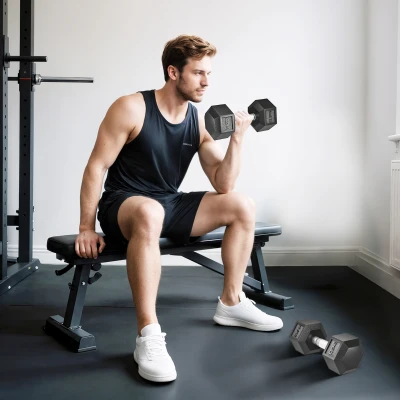 HOMCOM Set de Mancuernas para Gimnasio 2x12.5 kg Hexagonales, Pesas para Gimnasio con Agarre Estriado Antideslizante, Negro