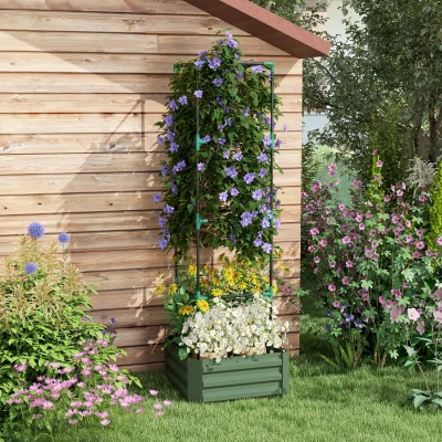 Outsunny Planter with Adjustable Trellis, Flower Box with Tomato Cage Galvanized Steel 61 x 61 x 187 cm Green