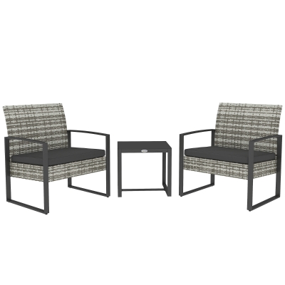 Outsunny 3-Piece Garden Set 2 Chairs with Cushions + Coffee Table Tempered Glass Top Braided Resin Light Gray