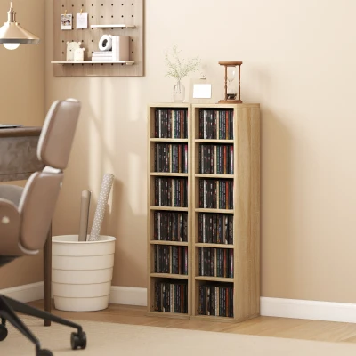 HOMCOM Set de 2 Estanterías para CDs y DVDs con 12 Compartimentos Estantes Ajustables 21x22,5x88,5 cm Roble