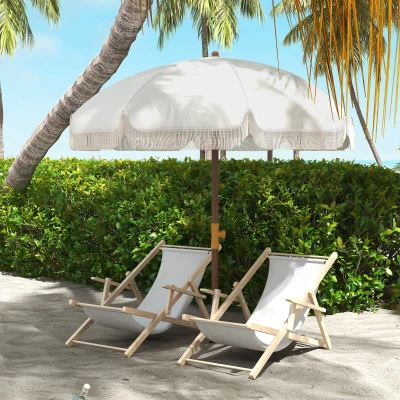 Outsunny Sombrilla de Playa con Flecos Ø190x210 cm con 8 Varillas Apertura Manual Anti-UV Impermeable y Bolsa de Transporte Gris