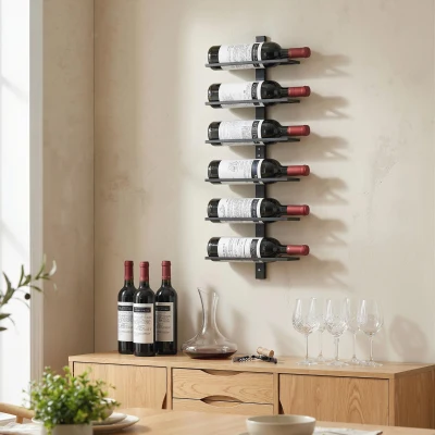 HOMCOM Wall-Mounted 6-Tier Metal Wine Rack Black