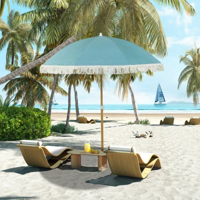 Outsunny Wood-effect Pole Beach Umbrella Ø 170 cm, Large Fringed Umbrella Adjustable Height, UPF50+ Carry Bag, Light Blue