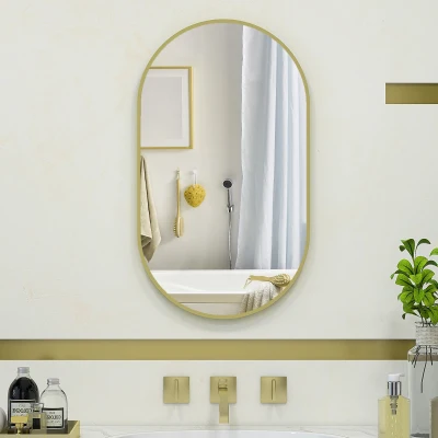 HOMCOM Oval wall mirror aluminum frame minimalist style vertical or horizontal mounting with 3 hooks 40 x 70 cm gold