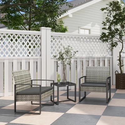 Outsunny 3-Piece Garden Set 2 Chairs with Cushions + Coffee Table Tempered Glass Top Braided Resin Light Gray