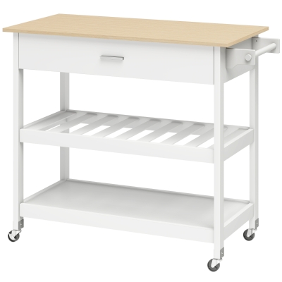 HOMCOM Carrito de cocina con almacenamiento, isla de cocina móvil con amplia encimera, cajón, 2 estantes abiertos, portatoallas, Blanco