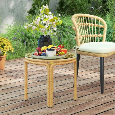 Outsunny Round Resin-Wicker Side Table, Garden Coffee Table with Glass Top, Easy-to-Clean Ø 50 x 44 cm, Yellow
