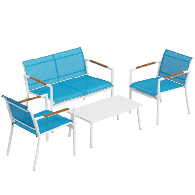 Outsunny Garten-Set 4-Sitzer Sofa, Sessel, Metalltisch, Blau.