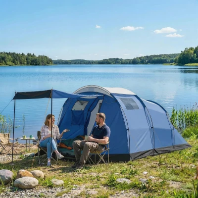 Outsunny Tunnel-Campingzelt für 4 Personen, wasserdicht 3000 mm, doppellagig, kondensationsarm, Höhe 190 cm, Dunkelblau
