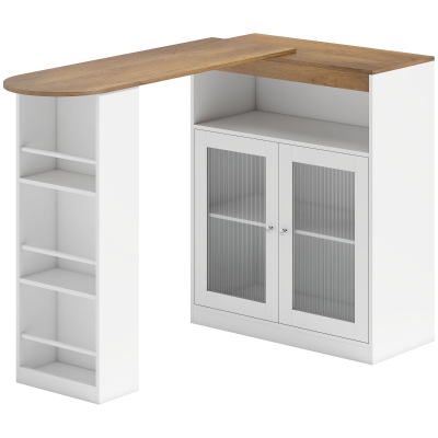 HOMCOM Mesa de Bar Extensible y Giratoria 90° con Estantes Abiertos y 2 Puertas de Vidrio 150x80x105,5 cm Blanco y Natural
