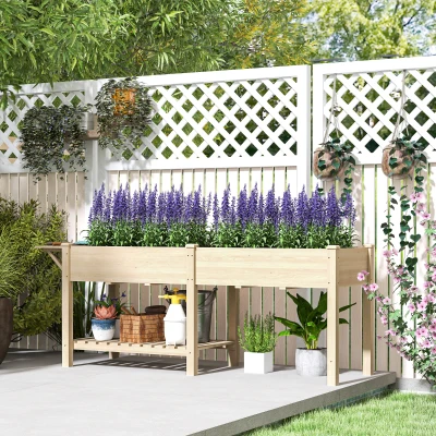 Outsunny Standing planter raised garden bed 2 compartments foldable side table lower shelf 207 x 59 x 78 cm natural wood