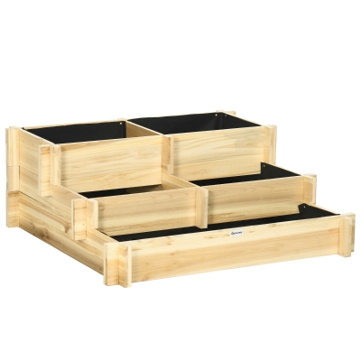 Outsunny Solid Wood Garden Planter Box, 3-Tier Stepped Raised Planter, 93 x 93 x 35 cm, Natural Wood Effect
