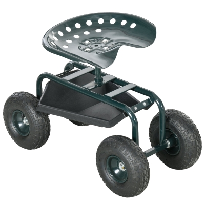 Outsunny Garden Seat Rolling Chair 360° Swivel Height-Adjustable with Tool Tray Max. Load 150 kg Green