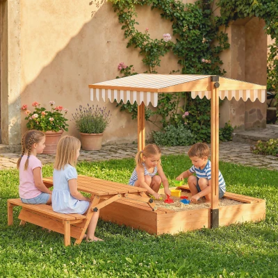 AIYAPLAY Wooden Sandpit with Canopy & Bench Seats Patio