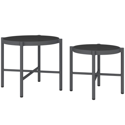 Outsunny Set of 2 Nesting Garden Coffee Tables with Tempered Glass Top, Black Aluminum Frame