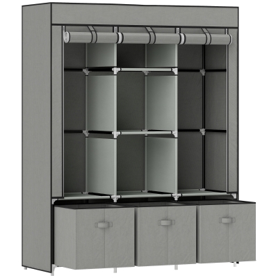 HOMCOM Foldable Fabric Wardrobe for Bedroom, Portable Wardrobe with 5 Shelves, 2 Hanging Rails and 3 Fabric Drawers, Light Grey