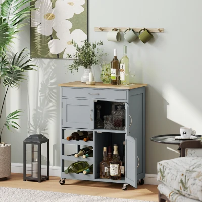 HOMCOM Kitchen Trolley Wooden Top Wine Rack Grey