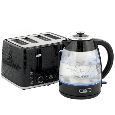 HOMCOM Czajnik 1,7 L 2200 W i toster na 4 kromki z filtrem antywapiennym, zestaw, czarny