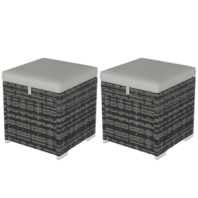 Outsunny Set of 2 PE Rattan Stools with Storage Garden Footrest with Cushion 40 x 40 x 41 cm, Light Gray