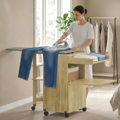 HOMCOM Armoire Table à Repasser Pliable Bois Naturel 154x55x87cm