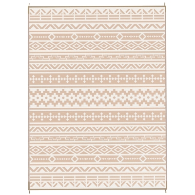 Outsunny Reversible Outdoor Rug 3.7 x 2.7 m, Geometric Wall-Pattern PP Floor Mat Carry Bag Khaki and Light Beige