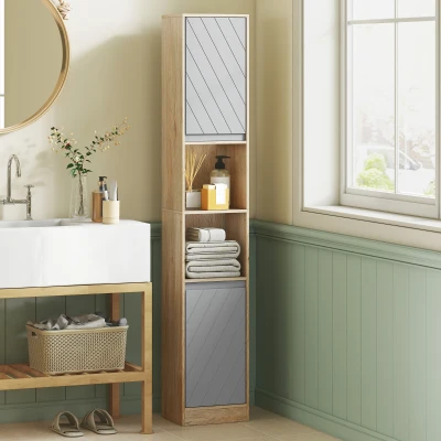 HOMCOM Freestanding Bathroom Storage Cabinet w/ 2 Cupboards 2 Compartments Home Organisation Anti-Tipping Elevated Base 30L x 24W x 170H cm Grey&Brown