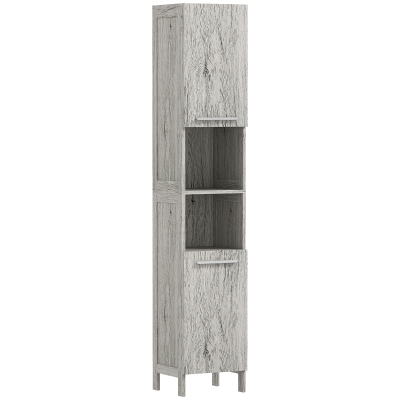 kleankin Columna de Baño Mueble Alto y Estrecho con Estantes Abiertos y 2 Armarios 30x32x172,5 cm Madera Grisácea