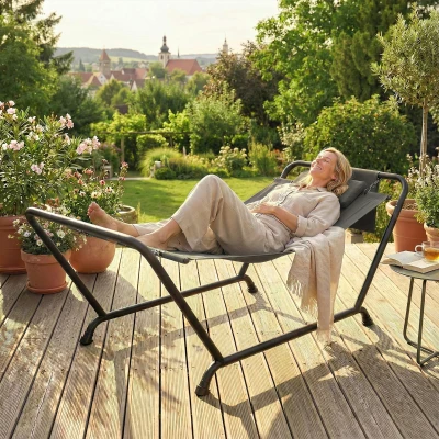 Outsunny Outdoor Hammock with Stand, Freestanding Hammock with Side Pocket, Headrest for Patio, Balcony, Porch, Dark Grey