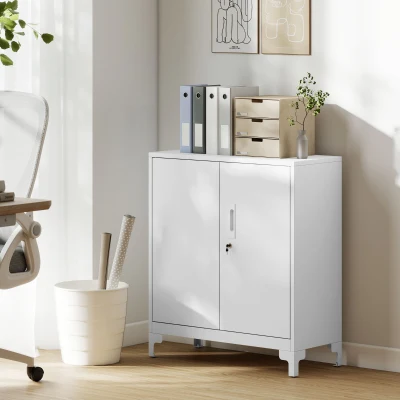 HOMCOM Metal Storage Cabinet with Locking Doors, Office Storage Cupboard, Lockable Filing Cabinet for Home Office, Garage, Utility Room, White