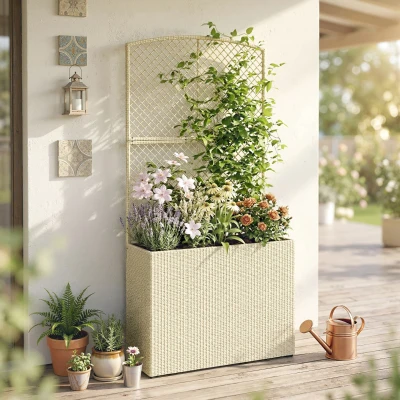 Outsunny Jardinière Rotin Beige 80x30x163cm avec Treillis Extérieur