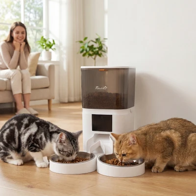 PawHut Comedouro Automático 6L WiFi 2.4G com Controlo App 2 Taças Programável 1-10 Refeições Gravador de Voz 10s Fácil de Limpar