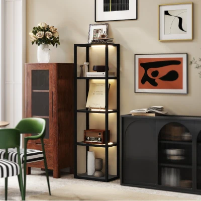 HOMCOM LED Floor Lamp with Glass Shelves, 4 Layers Dimmable Modern Standing Lamp with Foot Switch for Living Room, Bedroom, Office, Black