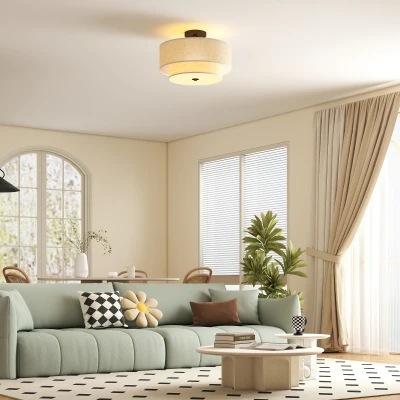 HOMCOM Modern Ceiling Light with Dual Linen Lampshades, Semi Flush LED Ceiling Light for Living Room, Bedroom, Kitchen, E14 Bulb Compatible, Cream White