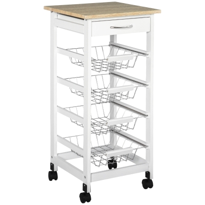 HOMCOM Multi-storage Service Cart on Wheels, 4 Metal Baskets + Drawer, Pine Wood, 37 x 37 x 82 cm, White