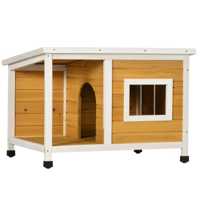 PawHut Cușcă pentru câini de exterior din lemn de brad cu verandă acoperită și acoperiș înclinat, 85.5x62x60 cm, multicolor