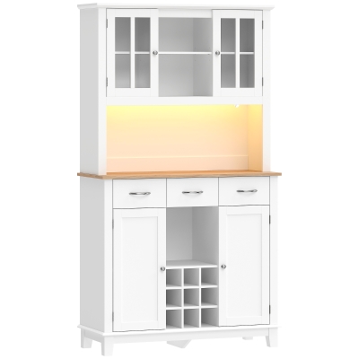 HOMCOM Dulap de bucătărie cu iluminare LED control prin APP blat pentru microunde suport pentru sticle uși din sticlă Alb