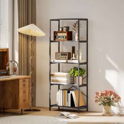 HOMCOM 5-Tier Industrial Bookshelf Metal Frame Dark Grey