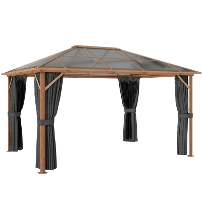 Outsunny Gartenpavillon ca. 4x3m Aluminium Pavillon mit Polycarbonat-Dach 6 mm Moskitonetz 4 Seitenteile Holzoptik Naturholz