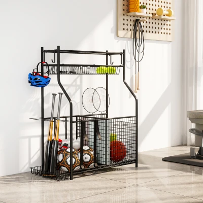 SPORTNOW Organizador de Equipamentos Desportivos com Cesta Ganchos Removíveis e Faixas Elásticas Suporte para Bolas 92x42x109 cm Preto