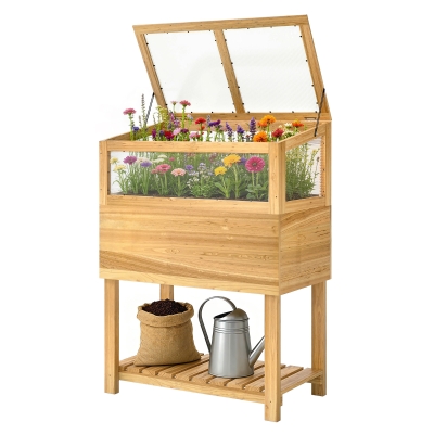 Outsunny Bac Surélevé en Bois avec Serre et Étagère Ergonomique