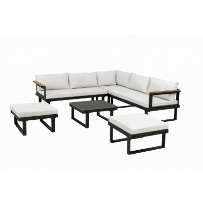 Salon de jardin d'angle 7 places - Aluminium - ALMARA - Canapé d'angle + 2 tabourets + table - Ecru