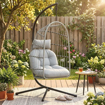 Outsunny Hanging Egg Swing Chair with Stand Foldable Basket Light Grey