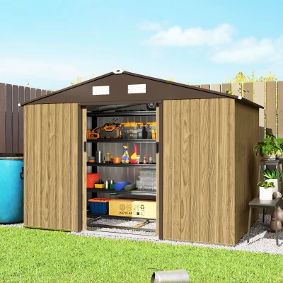 Outsunny Abrigo de Jardim Exterior 4,9 m² 277x195x192 cm com Porta de Correr Ventilação e Kit de Fundação Castanho