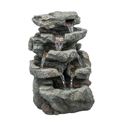 Outsunny Outdoor Fountain with 6-Tier Rock Design, Waterfall Feature with LED Lights, Resin Freestanding Garden Fountain, Grey